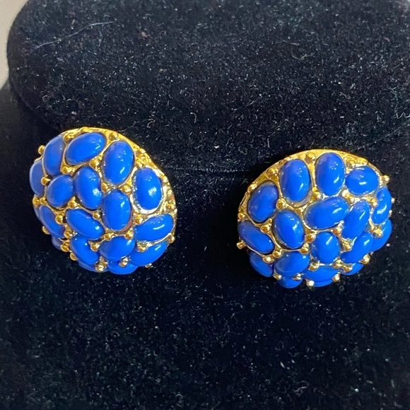 Vintage KJL by KENNETH Jay Lane Dome Cabochon Stud Earrings Navy Blue Pierce - Picture 4 of 12